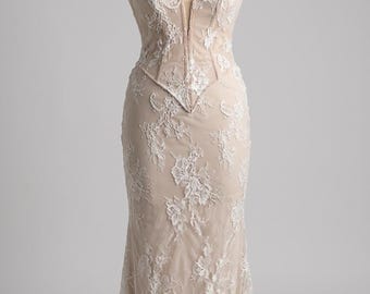 Halter Corset Lace Wedding Dress | Modern Basque Waist Bridal Gown | Plunging V Neck Mermaid Dress | Custom Lace Destination Wedding Dress