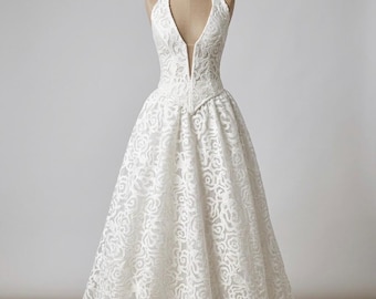 Halter Neck Lace Wedding Dress | Deep V-Neck Ball Gown, Full Skirt (Made to Order)