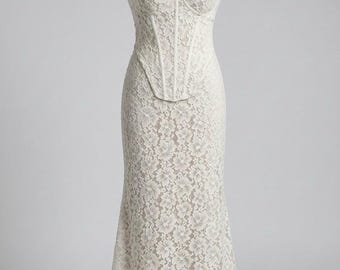 Lace Wedding Dress with Corset Bodice and Low V-Back, Custom Sizing Available