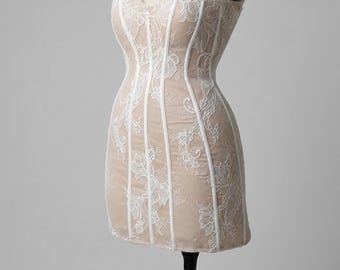 Lace Corset Mini Dress, Strapless Boned Bridal Reception Party Gown