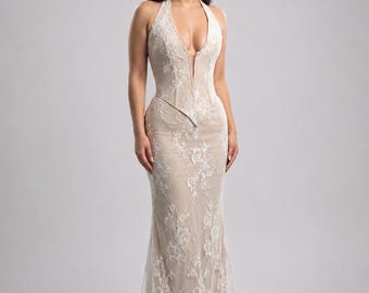 Vestido de novia de encaje con corsé halter / Vestido de novia moderno con cintura vasca / Vestido de sirena con escote en V pronunciado / Vestido de novia de encaje personalizado para bodas en destinos exóticos