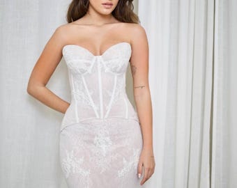 Exposed Boning Corset Wedding Dress | Drop Waist Strapless Lace Mermaid Gown | Modern Basque Waist Bridal Dress | Custom Made to Order