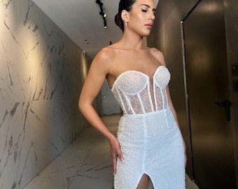 Vestido de novia sin tirantes con corsé y abertura alta, vestido de novia transparente con varillas, vestido de novia moderno de encaje, vestido de novia hecho a medida