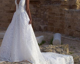 Halter Neck Wedding Dress with Cathedral Train | Modern Corset Bridal Gown | Plunging V Neck Lace Ball Gown | Basque Waist Custom Dress