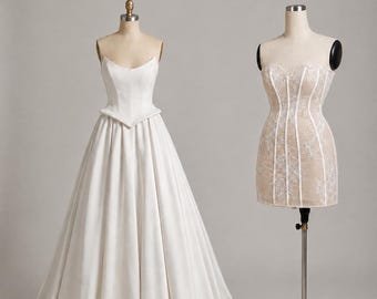 2 in 1 Wedding Dress Set | Plain Satin Ball Gown with Train and Lace Mini Reception Dress | Drop Waist Second Look Bridal Bundle | Custom