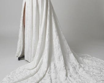 Modern Corset Wedding Dress with Slit | Drop Waist Bridal Gown | Off the Shoulder Floral Jacquard Dress with Long Cathedral