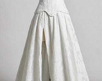 Floral Jacquard Corset Wedding Dress, Strapless A-line Gown with Slit