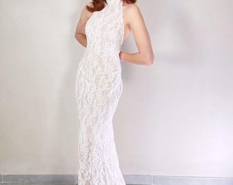 High Neck Lace Wedding Dress with Halter Silhouette. Made to order Custom sizing available