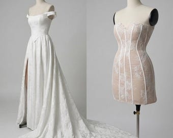 2 in 1 Wedding Dress Set | Modern Corset Bridal Gown with Slit and Lace Reception Mini Dress | Second Look Wedding Dress Bundle Custom Made