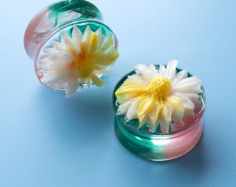 25MM (1") Plugs - Epoxy Resin Plugs - Stretched Ears - Summer Flower Design - Double Flare Plugs