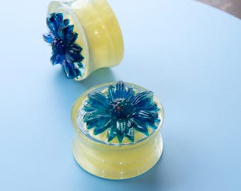22MM (7/8") Plugs - Epoxy Resin Plugs - Stretched Ears - Flower & Heart - Double Flare Plugs