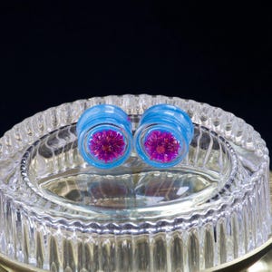 16MM (5/8&quot;) Plugs - Epoxy Resin Plugs - Stretched Ears - Pink Flower - Double Flare Plugs