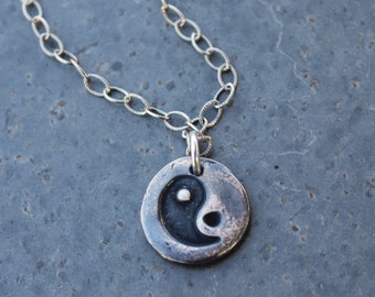 Yin Yang Necklace - handmade fine silver freeform pebble charm - textured oxidized sterling silver chain- free shipping USA