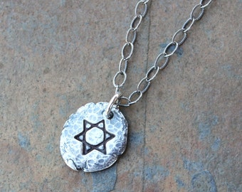 Ancient Star of David Fragment Necklace - freeform fine silver antiqued handmade charm - Judaism - sterling silver chain- free shipping USA