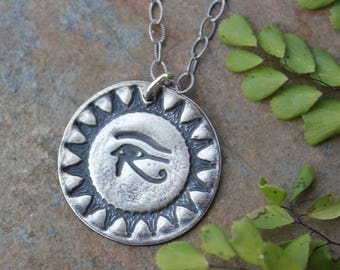 Eye of Horus Necklace- Egyptian Sun and Moon Protective Amulet - Handmade fine silver charm on sterling silver chain- free shipping USA