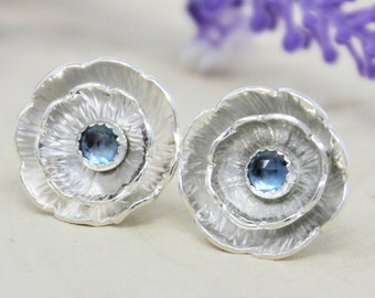 Ruffled Spring Flower Post Earrings- Hand forged sterling silver w/ 4mm London Blue Topaz gemstones -November Birthstone- rainy day blue