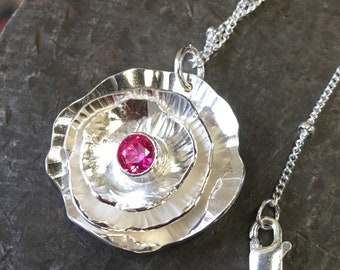 Ruffled Flower Necklace with Pink Ruby Gemstone - Hand forged sterling silver artisan jewelry - fee shipping USA