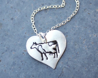 Moo Cow necklace - handmade fine silver heart charm on a sterling silver chain- bright or antique finish available - free ship USA