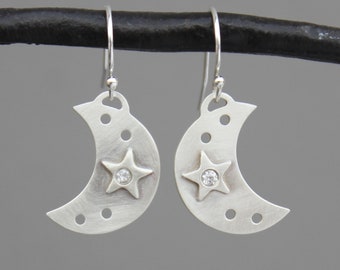 Sterling Silver Crescent Moon & Star Earrings w/ Clear Cubic Zirconia Gemstones- Celestial Series- Hand Fabricated-Other Stones Available