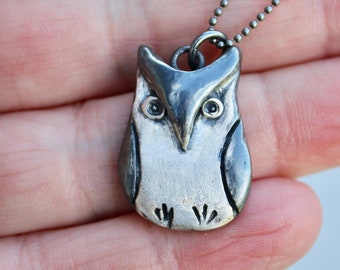 Tuxedo Owl Necklace- black & white handmade fine silver bird pendant, black sterling silver ball chain- free shipping USA