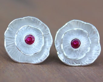 Ruffled Spring Flower Earrings - Hand forged sterling silver flowers with hot pink ruby gemstones - free shipping USA