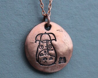 Rustic Totoro in the Rain Necklace - Handmade copper charm, Totoro Umbrella + Frog - delicate copper chain - free ship USA