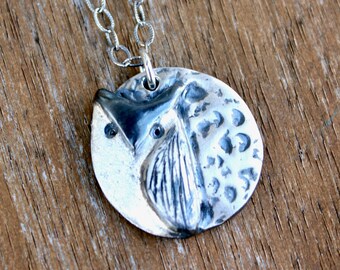Owl and Moon Necklace- antiqued handmade fine silver bird pendant, sterling silver cable chain-  free shipping USA