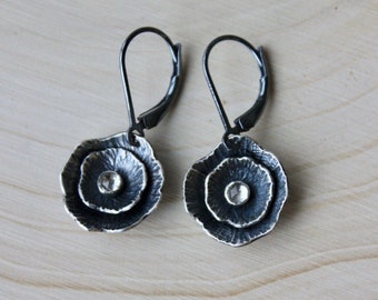 Black & White Ruffled Flower Earrings - Hand forged antiqued sterling silver flowers with white topaz gemstones - free shipping USA