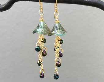 Jellyfish Earrings - Iridescent Aquamarine Glass Flower Beads- 14k gold-fill ear wires - free shipping USA