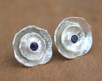 Ruffled Spring Flower Earrings - Hand forged sterling silver flowers with dark blue sapphire gemstones - free shipping USA