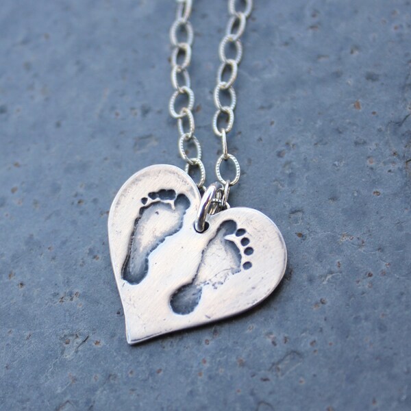 Footprints on my heart necklace - handmade fine silver charm on a textured sterling silver chain- feet, baby, love- free shipping USA