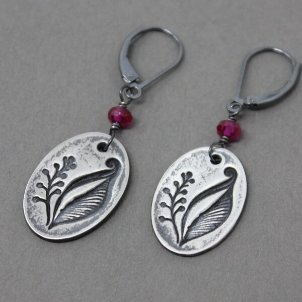 Antiqued Silver Fruiting Lilies & Pink Ruby Gemstones Earrings- Handmade fine silver woodland lily flower pendants,sterling lever back hooks