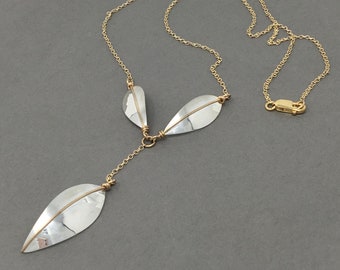 Modern Silver & Gold Long Leaf Necklace- Leaf Series No. 10 - Hand forged sterling silver artisan jewelry- two tone leaves jewelry
