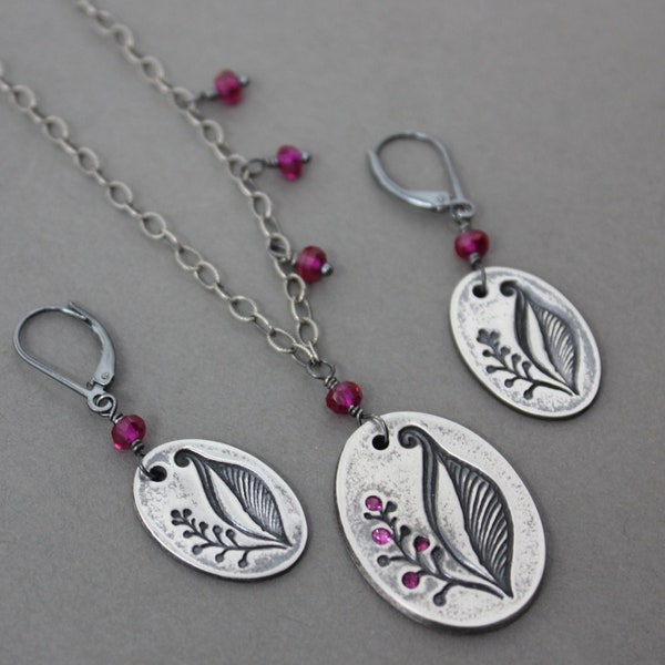 Antiqued Silver Fruiting Lilies & Pink Ruby Gemstones Necklace + Earring Set- Handmade fine silver woodland lily flower pendants on sterling