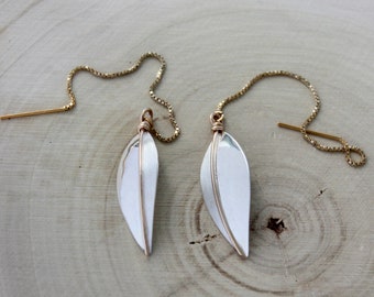 Modern Silver + Gold Long Leaves Threader Earrings- Leaf Series No. 11- Hand forged sterling silver artisan jewelry- sleek elegant earrings