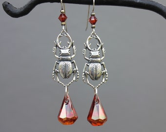 Stag Beetle Earrings - Sterling silver insect charms + hooks, Red Magma Swarovski Crystal Dangles - Free Shipping USA Canada