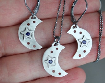 Sterling Silver Crescent Moon & Star Necklace and Earrings Set or Separates w/ Sapphire Gemstones- Celestial Series -Other Stones Available