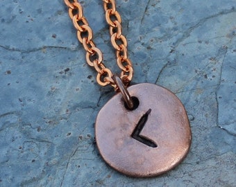 Copper Rune stone necklace- Handmade Elder Futhark charm, heavy copper chain- personalized runic symbol or initial - Kenaz - Wisdom