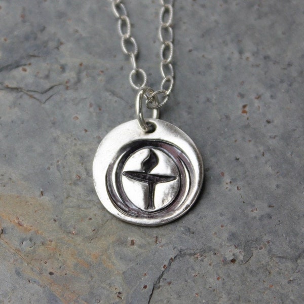 Flame in the Chalice Necklace - Unitarian Universalist fine silver antiqued handmade charm - sterling silver chain- free shipping USA