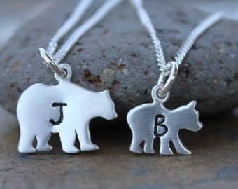 Mama & Baby Bear Monogram Sterling Silver 2 Necklace Set- Hand Stamped Initials- mother + child jewelry set or layering necklaces