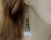 Snowbell trumpet flower long earrings- Frosty white lucite, pearl, antiqued brass filigree- fairy, victorian -free shipping in USA