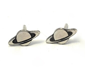 Tiny Saturn Planet Stud Earrings - Sterling Silver - Celestial Series - Hand crafted Cosmic Post Earrings