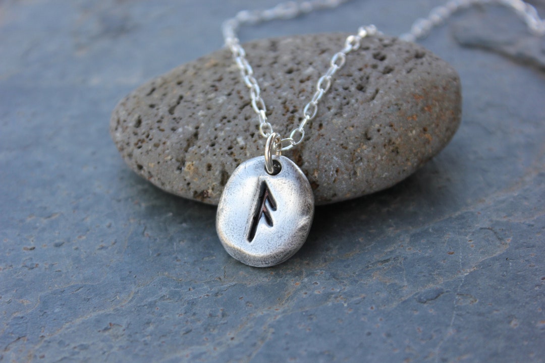 Chains Inscriped With Runes Ancient Rune Stone Necklace- Handmade Fine Silver Pebble Charm ...