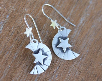 Sterling Silver Crescent Moon and Star Earrings -  Celestial Series-  Hand Fabricated Artisan Jewellery -Free shipping USA