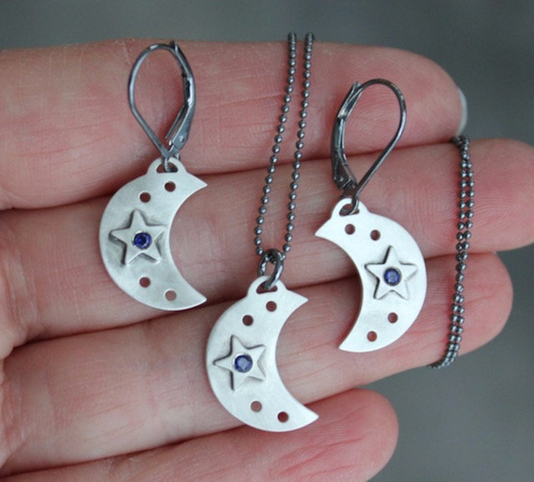 Sterling Silver Crescent Moon & Star Necklace and Earrings Set or ...