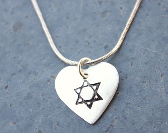 Star of David Heart Necklace - handmade fine silver charm on sterling silver snake chain -  Jewish symbol, Judaism -free shipping USA
