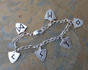 Rune Shield Bracelet - handmade fine silver runic symbol charms on sterling silver chain - personalized - protection - name - initials