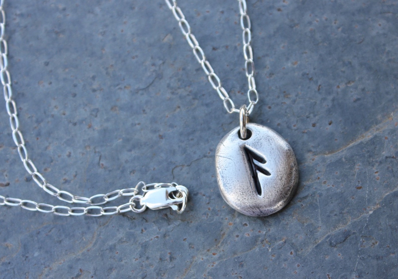 Silver Chain Runes Ancient Rune Stone Necklace- Handmade Fine Silver Pebble Charm ...