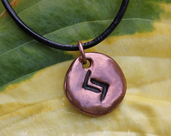 Copper Rune stone necklace- Handmade Elder Futhark charm, Black Leather Cord- personalized runic symbol or initial - Monogram - Peace