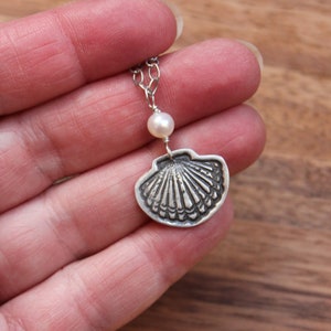 Seashell and Pearl Necklace handmade fine silver charm, textured oxidized sterling silver chain Ocean Beach free ship USA Canada image 5